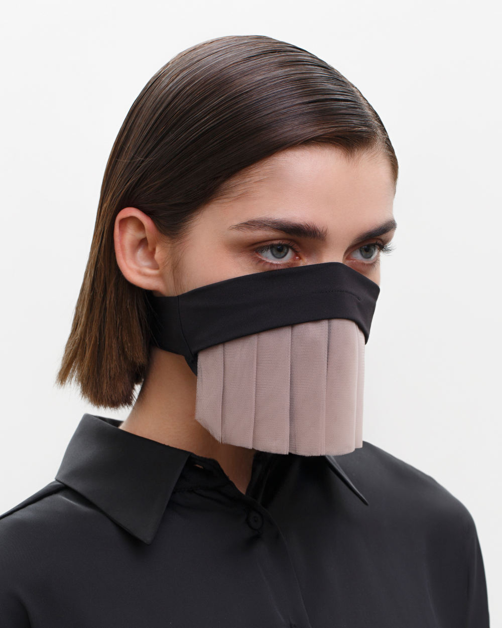 Couture Face Covering with a Pleated Veil, Ear Strap-Free. The FAKOUT. Black &amp; Seashell