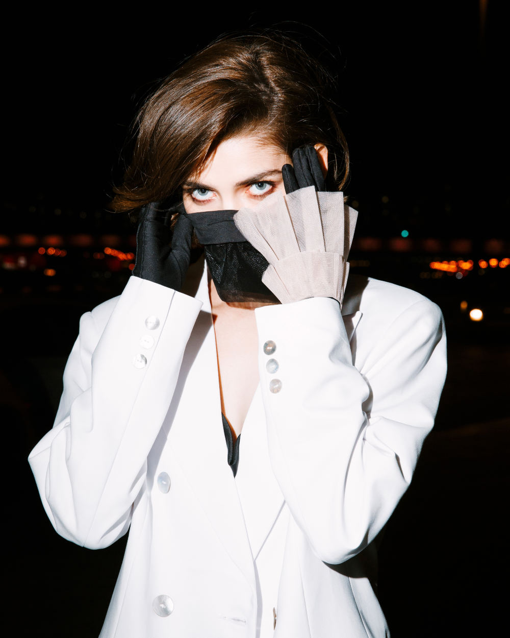The FAKOUT. Couture Gloves with Ruffled Cuffs, Antibacterial (ATB-UV+). Black &amp; Cappuccino