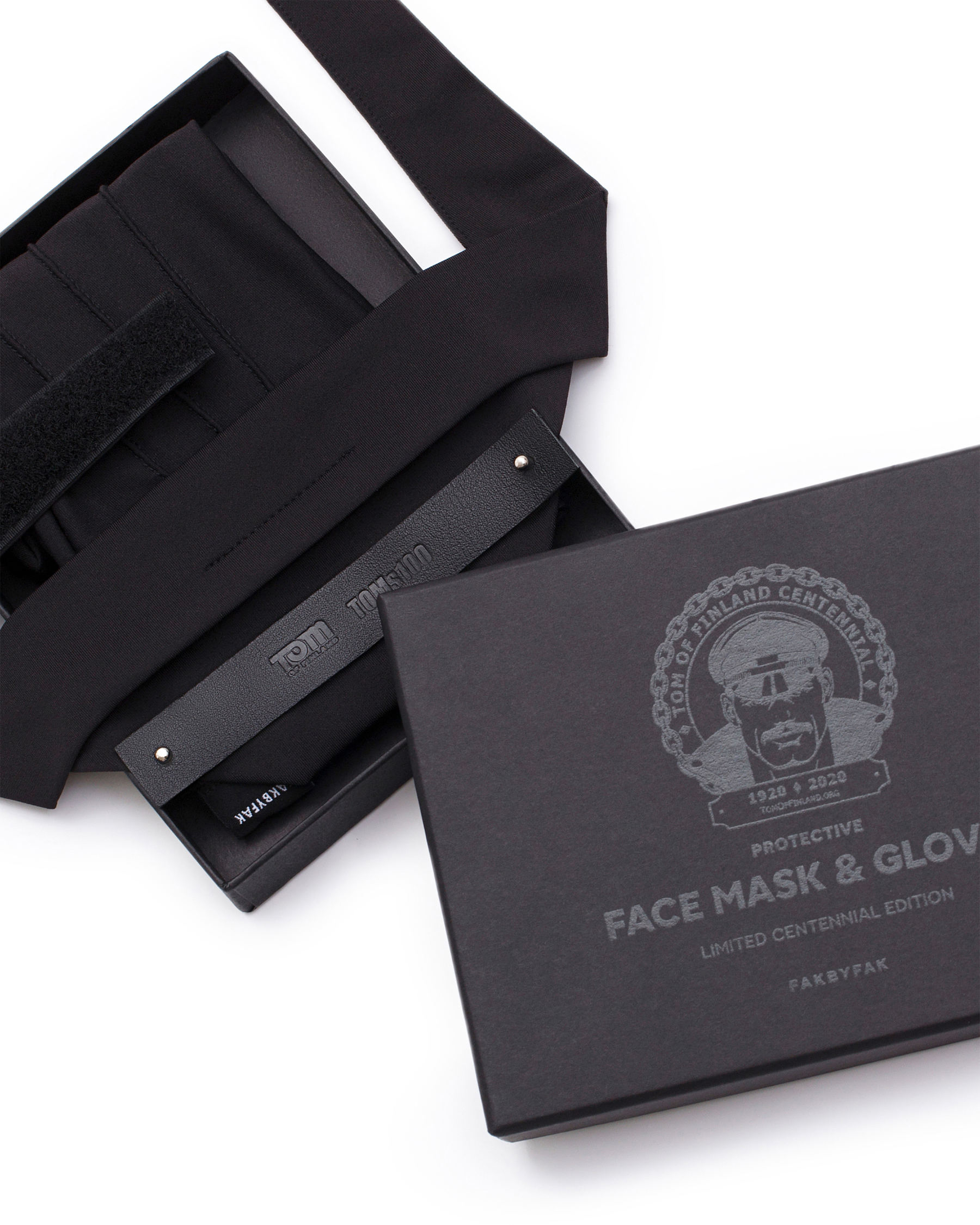 TOM OF FINLAND x FAKBYFAK  Fine Face Covering Mask & Gloves. Exclusive Centennial Edition Kit. Black Code: FBF-41103-01
